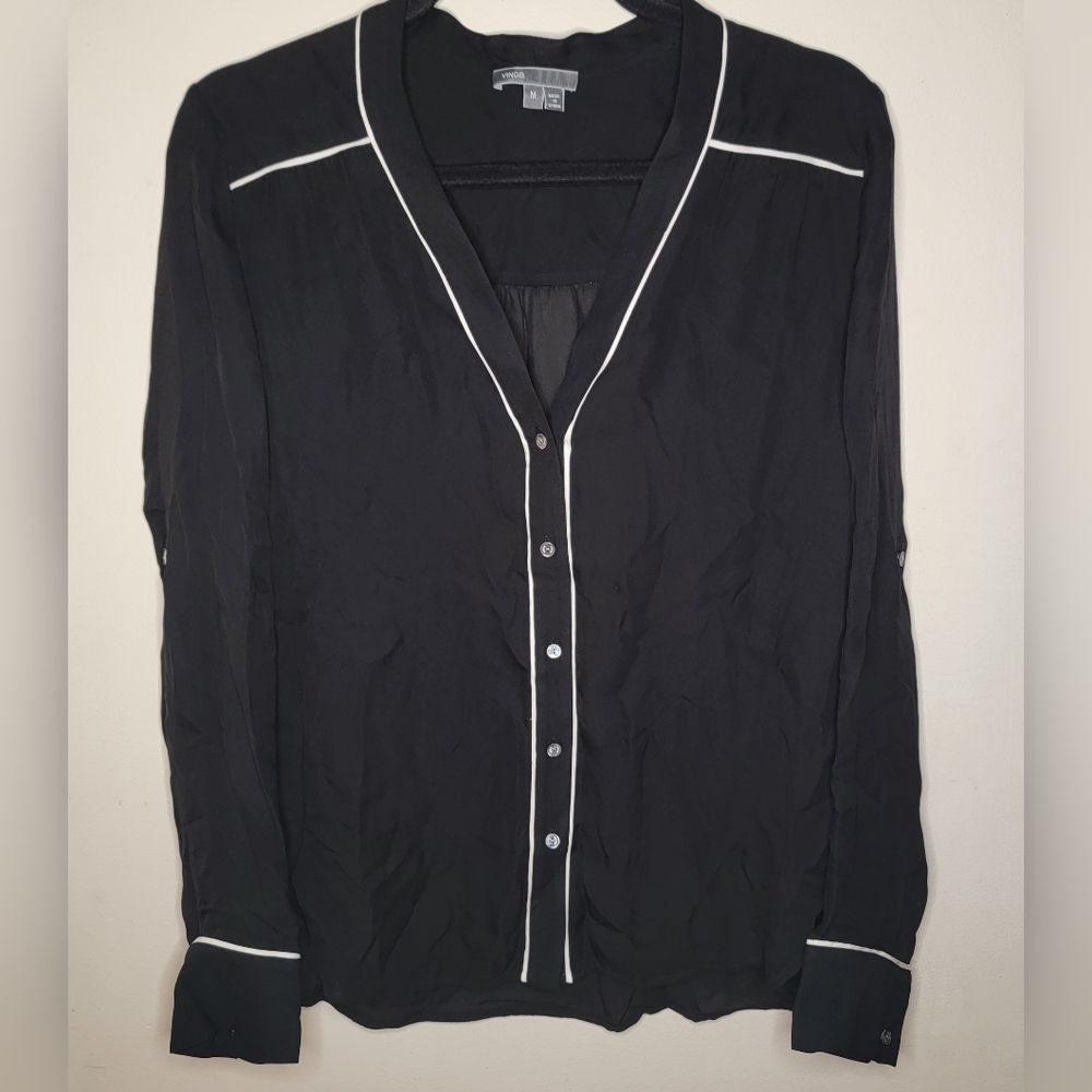 Vince Silk Button Down V-Neck Contrast Piping Semi Sheer Blouse SIze M